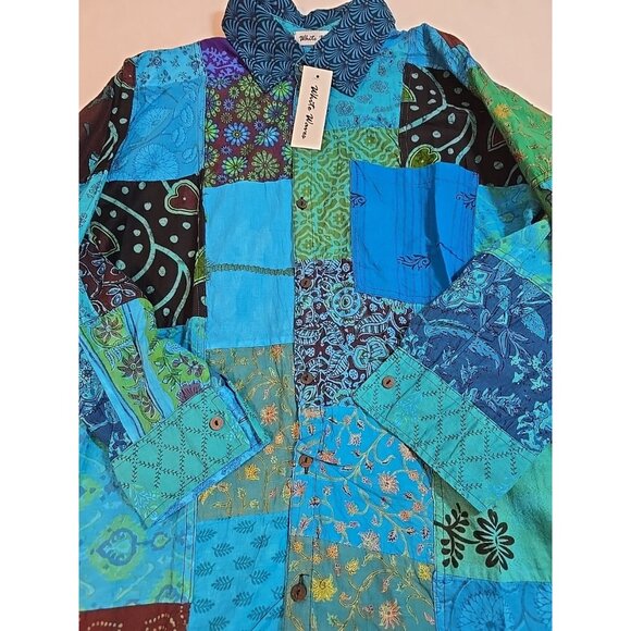 Turquoise Patchwork Unisex Boho Vintage Style Shirt button up front size L New - Picture 4 of 14